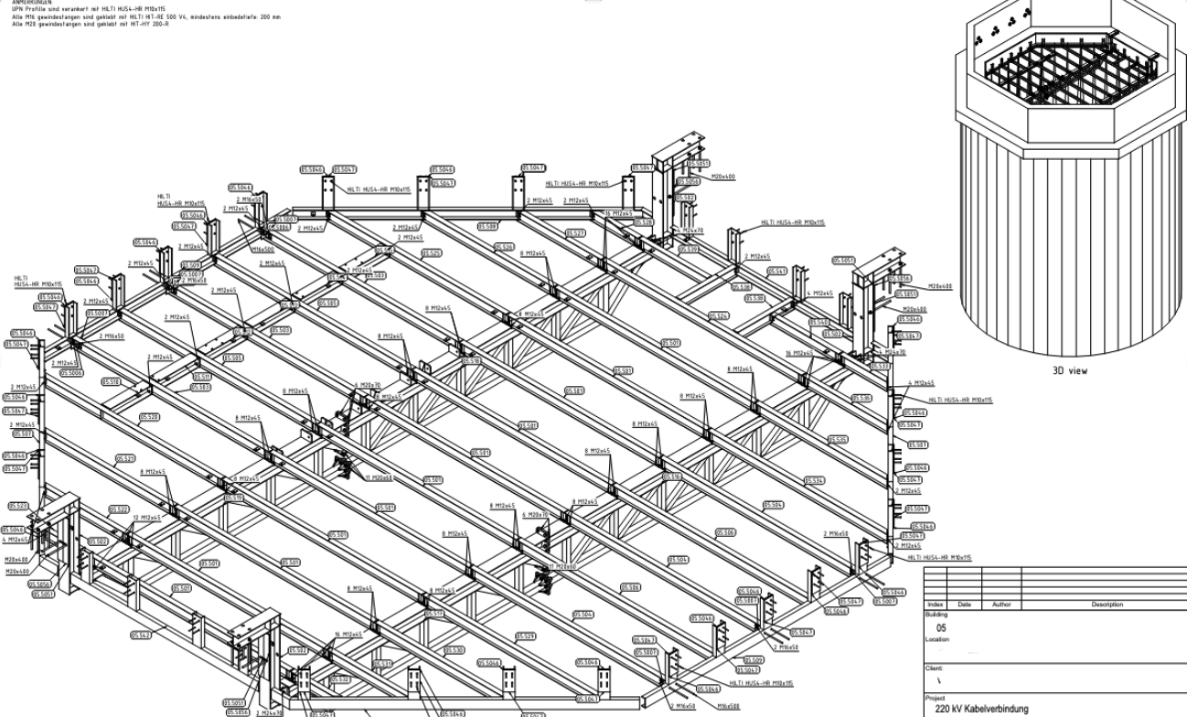 Steel construction drawing for a 220 kV cable connection
