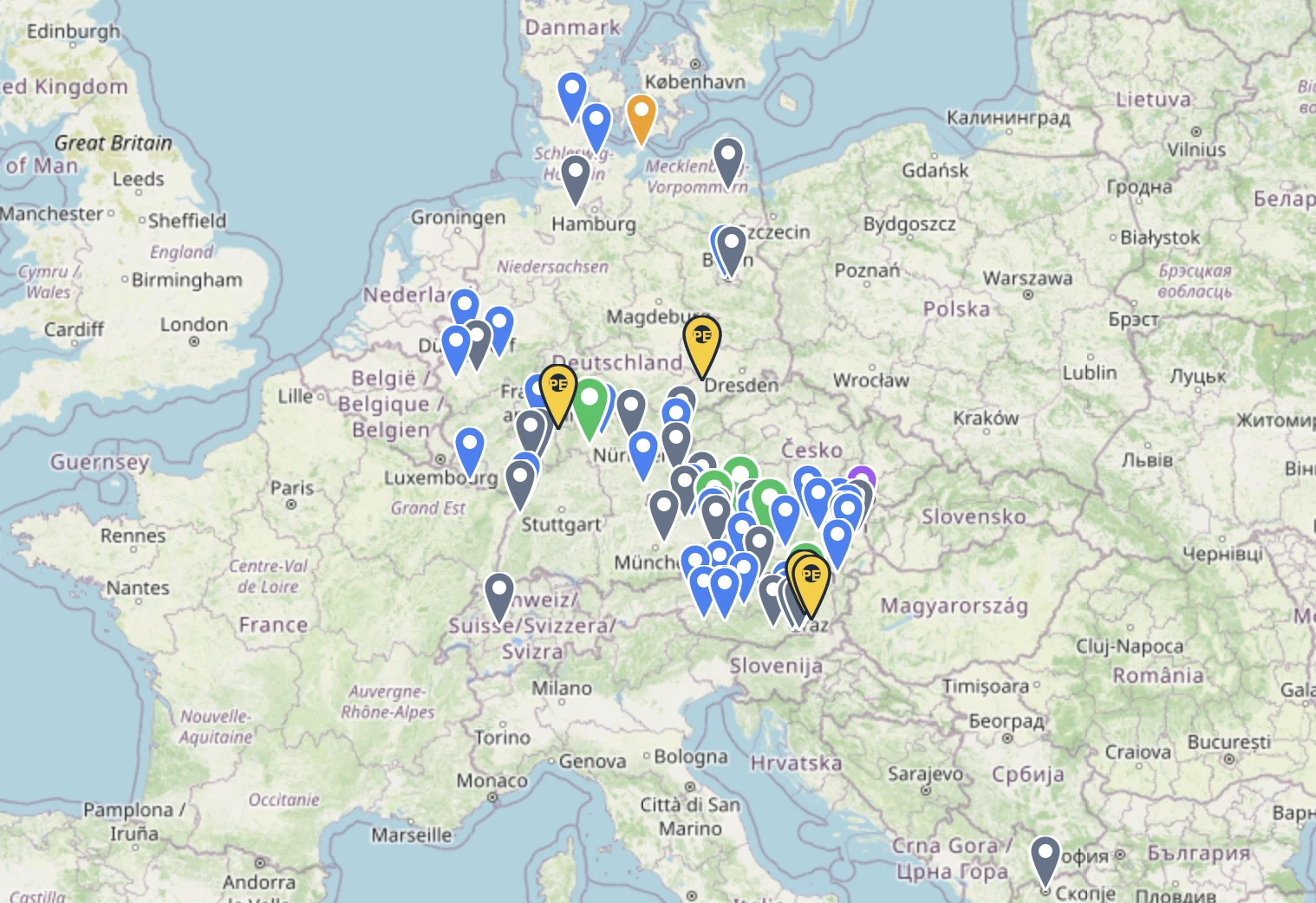 Map of POWODEN project locations in Austria, Germany as far as the north, Switzerland and North Macedonia